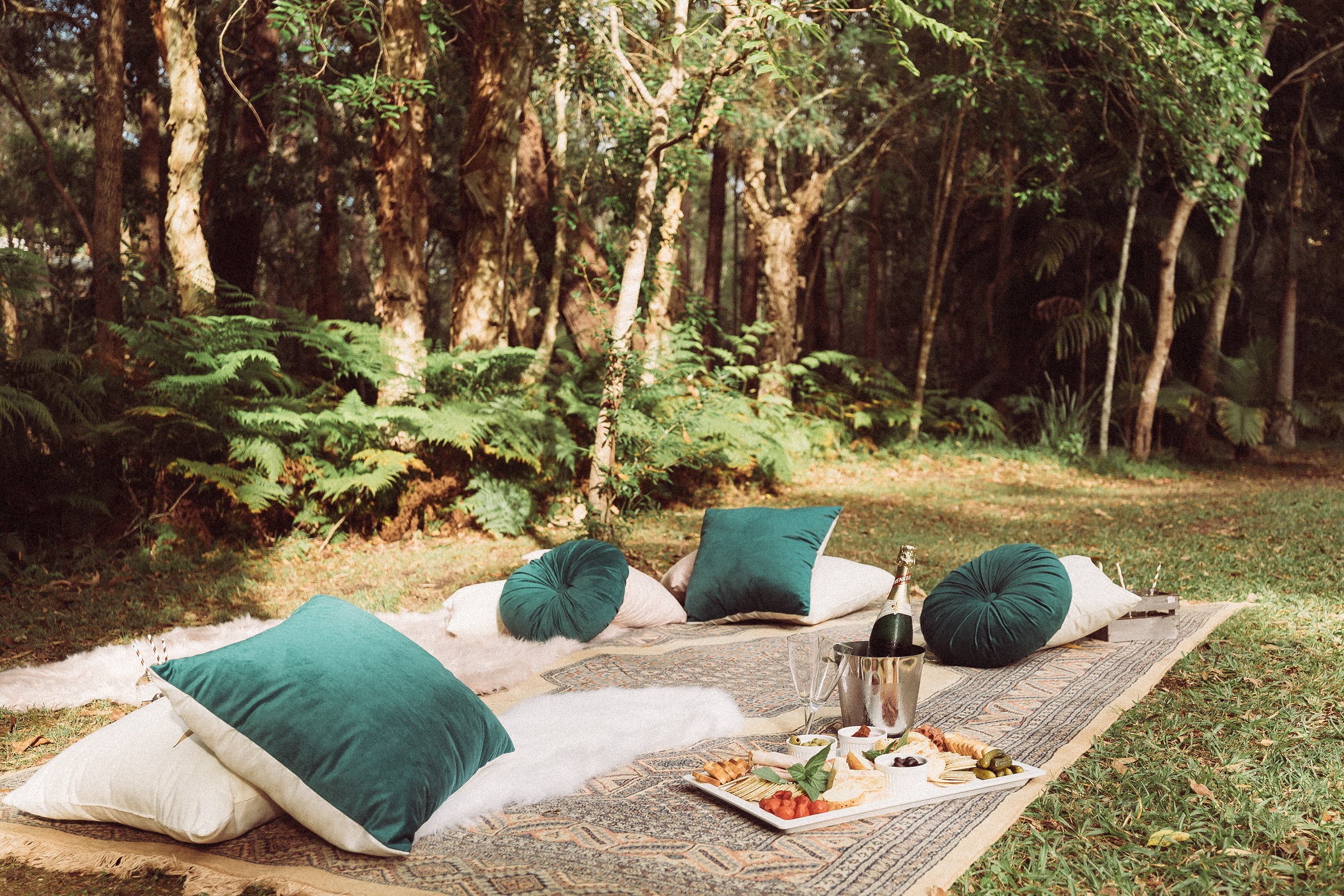 Forest picnic set up with velvet cushions, champagne and a grazing platter